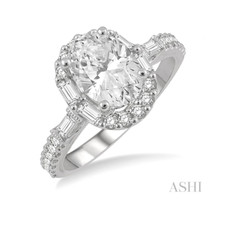 14K White Gold - 0.60ct - Round & Bagutte Oval Halo Three Stone Ring Setting