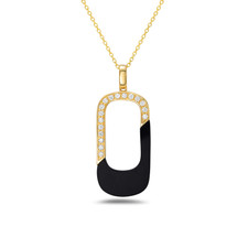 14K Yellow Gold - 0.16ct - Round Diamond Set Split Onyx Pendant & Chain