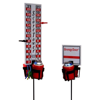 Scoreboard and beverage holder for wiffle ball, cornhole, horseshoes