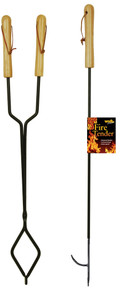 fireplace tongs and poker 36" cast iron and wood