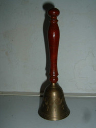 Vintage BRASS BELL W/ WOOD HANDLE INDIA HAND CARVED WOOD VASE   