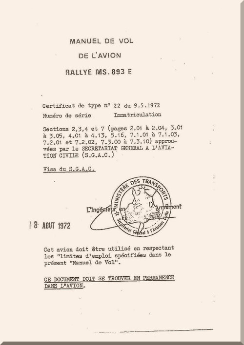 SOCATA Rallye MS.893 E  Aircraft Flight  Manual - Manuel de Vol de l'Avion  (French Language)