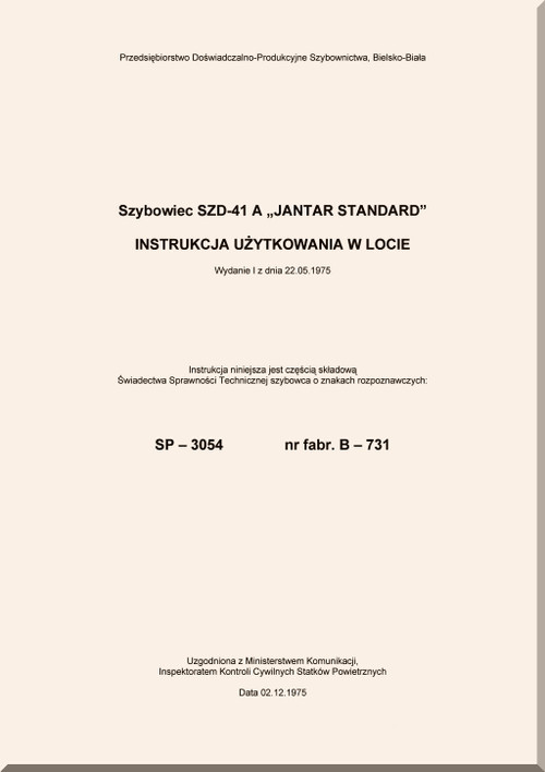 PZL SZD-41A  Jantar Standard   Aircraft Airplane In Flight Operating Manual -  (Polish Language)