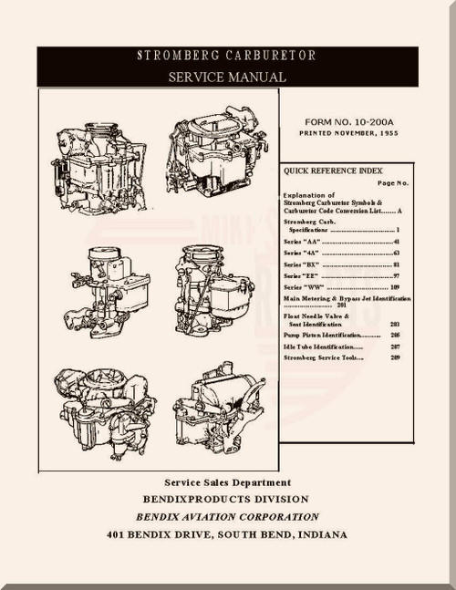 Bendix - Stromberg Aeroplane Aircraft Carburetor Former No. 10-200A  Service Manual - 1955