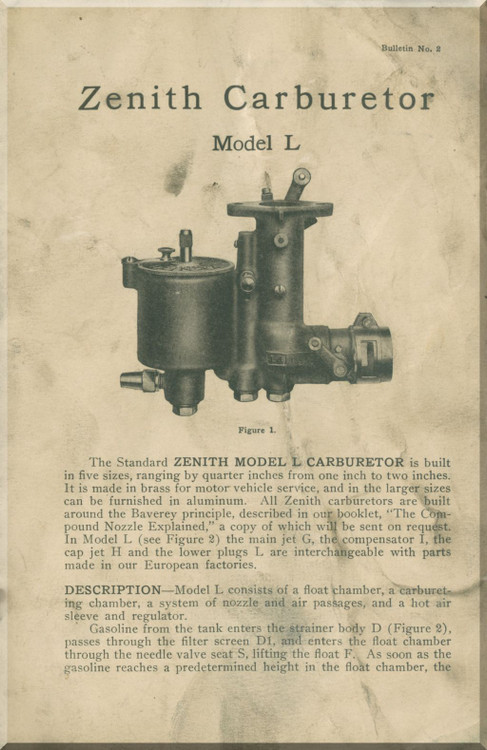 Zenith Aeroplane Aircraft Carburetor Model L Instruction Manual - 1917