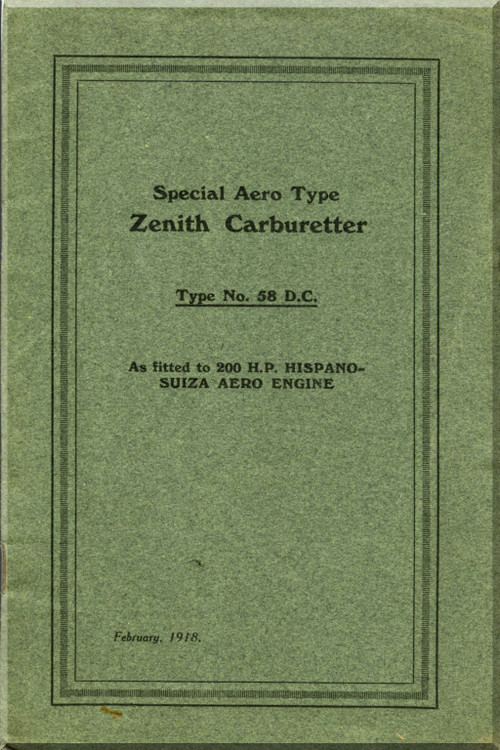 Zenith Aeroplane Aircraft Carburetor Type 58 DC  Instruction Manual - 1918