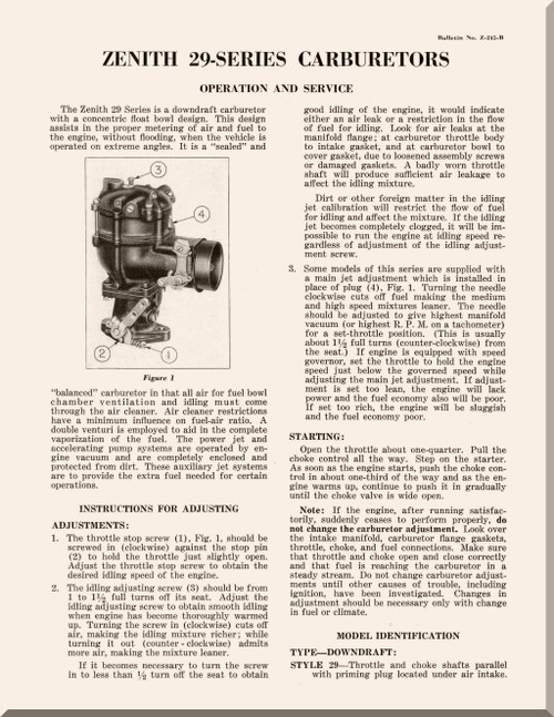 Zenith Aeroplane Aircraft Carburetor Model  29  Service Manual -