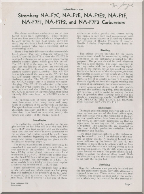 Bendix -  Stromberg  Aeroplane Aircraft Carburetor Model NA- F7C, -F7E, -F7E2, -F7F, - F7F1, -F7F2,- F7F3  Instructions Manual