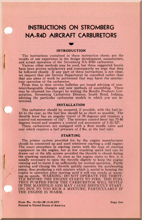 Bendix -  Stromberg  Aeroplane Aircraft Carburetor Model NA- R4D  Instructions Manual
