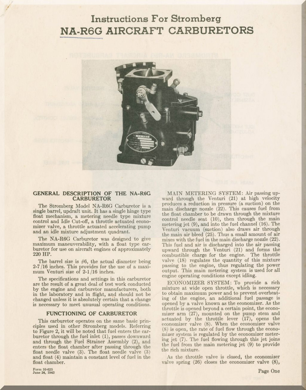 Bendix Stromberg Aeroplane Aircraft Carburetors Model NAR6G