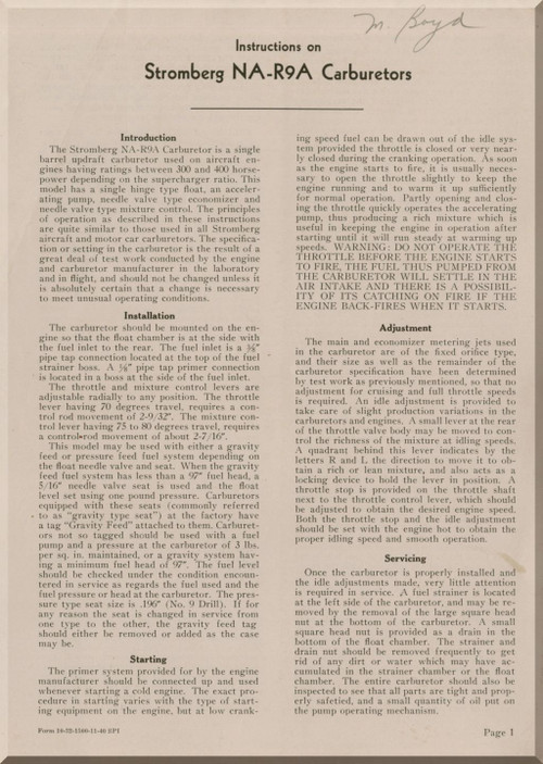 Bendix -  Stromberg  Aeroplane Aircraft Carburetors Model NA-R9A  Instructions Manual