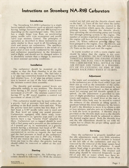 Bendix -  Stromberg  Aeroplane Aircraft Carburetors Model NA-R9B  Instructions Manual