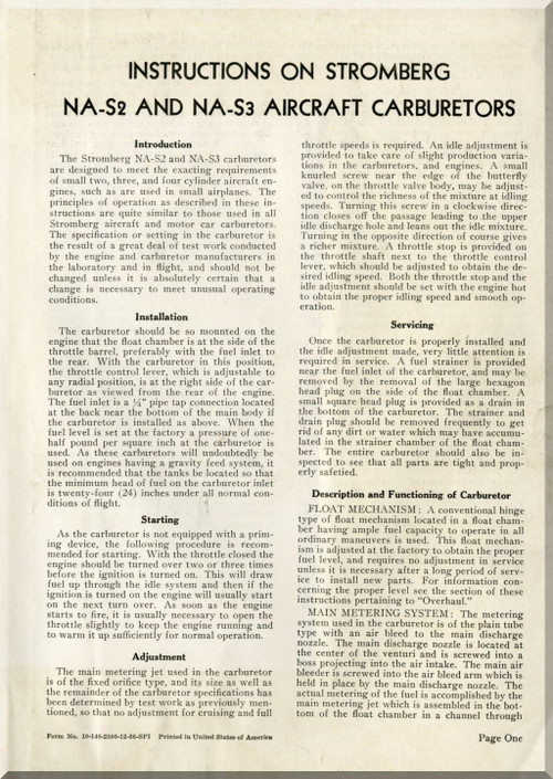 Bendix -  Stromberg  Aeroplane Aircraft Carburetors Model NA-S2 and NA-S3  Instructions Manual -