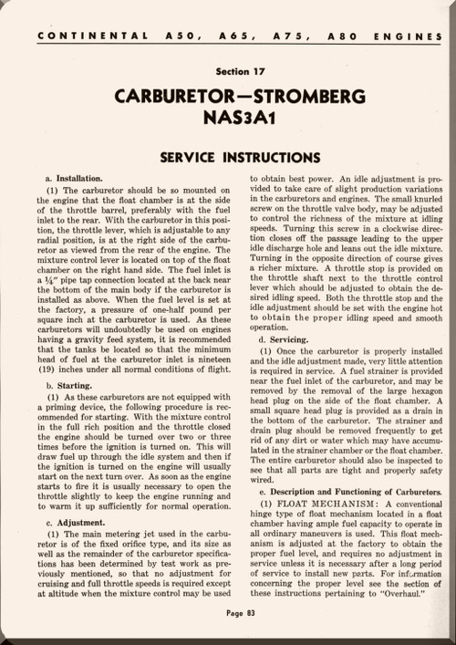 Bendix -  Stromberg  Aeroplane Aircraft Carburetors Model NA-S3A1  Instructions Manual