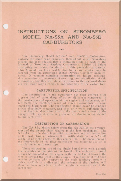 Bendix -  Stromberg  Aeroplane Aircraft Carburetors Model NA-S5 A, B  Instructions Manual -