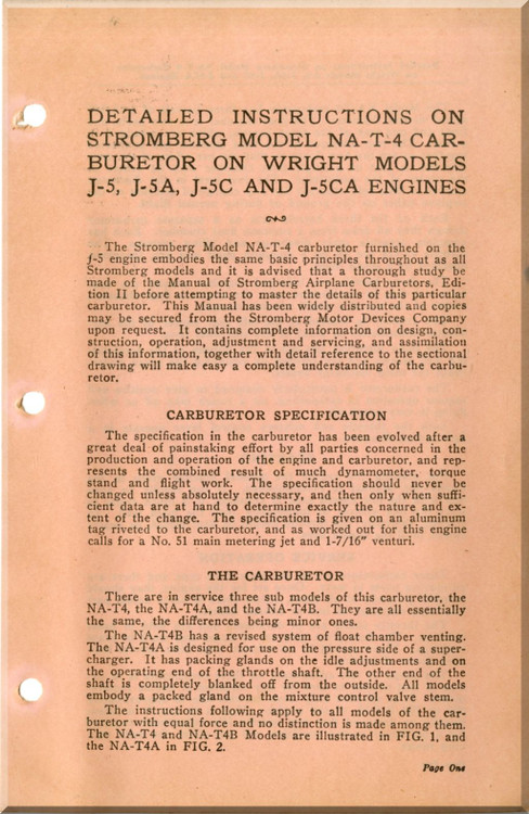 Bendix -  Stromberg  Aeroplane Aircraft Carburetors Model NA-T4  Instructions Manual -