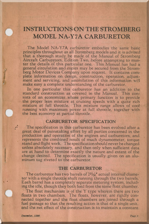 Bendix -  Stromberg  Aeroplane Aircraft Carburetors Model NA-Y7A  Instructions Manual -
