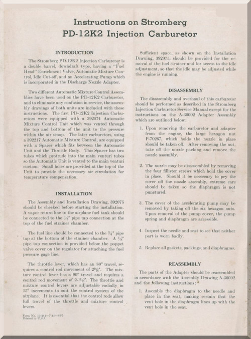 Bendix -  Stromberg  Aeroplane Aircraft Injection  Carburetors Model PD-12K2  Instructions Manual -