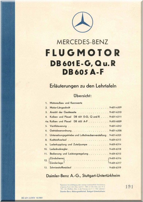 Daimler Benz DB 601 E - G, Q u R DB 605 A-F   Aircraft  Teaching Boards Manual - Lehrtafeln  - 1941 (German Language)