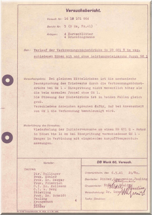 Daimler Benz DB 601 N , Aircraft  Engines Test Report Manual - Versuchs-Bericht - 1940 (German Language)