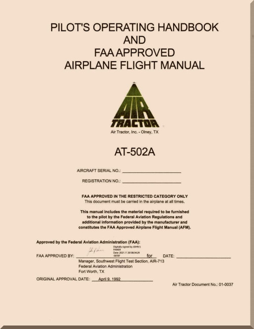 AirTractor 502A Aircraft Pilot's Operating Handbook and Airplane Flight  Manual -  135 pages - (English Language), 1992