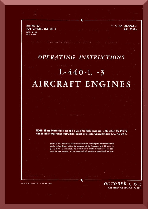 Ranger L-440 C -1 -3  Aircraft Engine  Operating  Manual  ( English Language )
