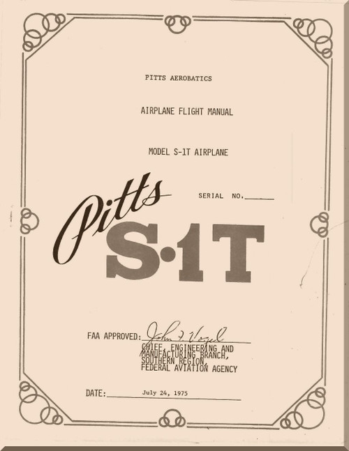 Aviat Pitts S-1T Aircraft Airplane Flight  Manual -  ( English Language ) , 1975