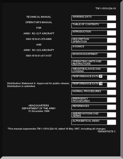 Beechcraft Model RC-12P and RC-12 Q Aircraft  Operator's  Manual -  TM 1-1510-224-10 - 1988