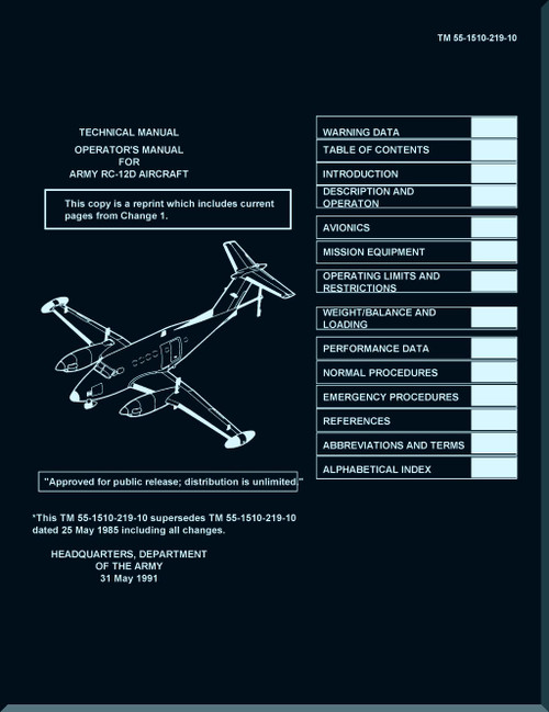 Beechcraft Model RC-12D Aircraft  Operator's  Manual -   TM 1-1510-219-10 - 1991
