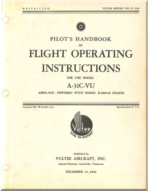 Vultee  A-31C-VU Pilot's Handbook of Flight Operating Instructions Manual - 1942