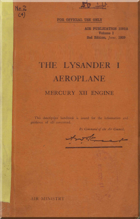 Westland Lysander I Aircraft  Service Handbook Manual -  A.P. 1582A Vol. 1 - 1939