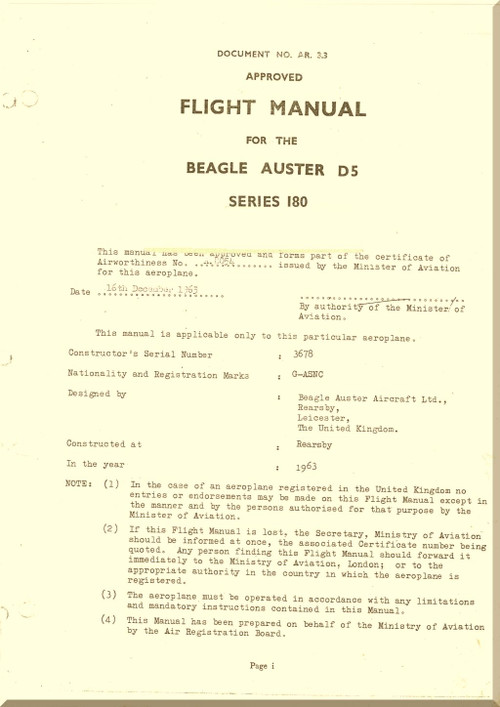 Beagle Husky / Auster D5 Series 180 Aircraft Flight Manual -  1963