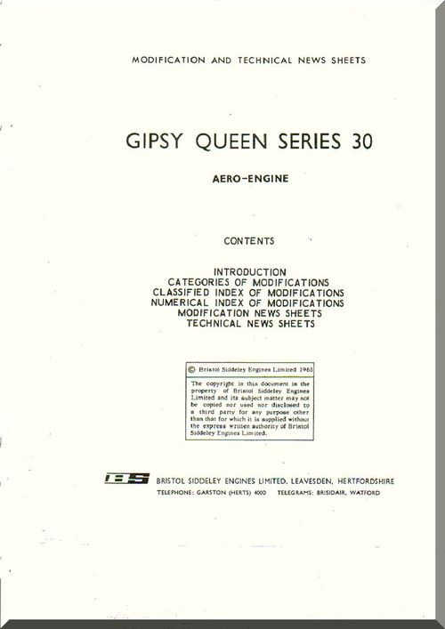 De Havilland  Gipsy Queen 30 Aircraft Modification and Technical News Sheets Manual  ( English Language )