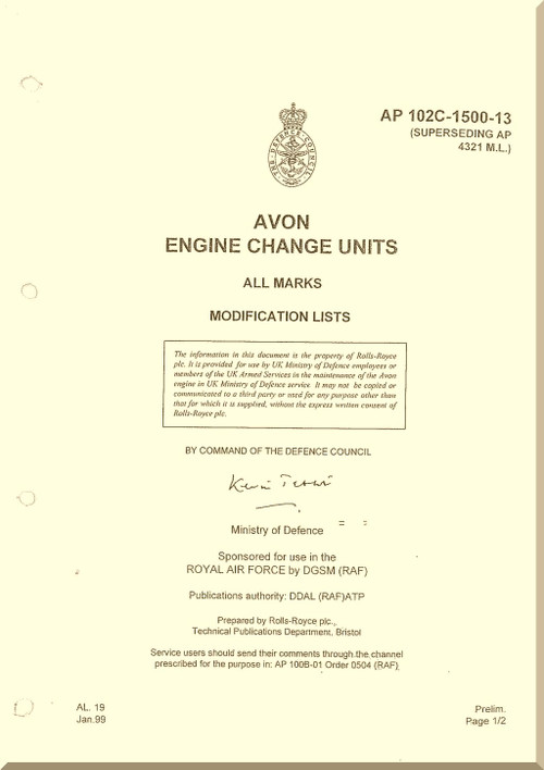 Rolls Royce Avon Mk. 1 Aircraft Engine  Modification List Manual -  A.L. 19 - AP102C-1500-13 -1999