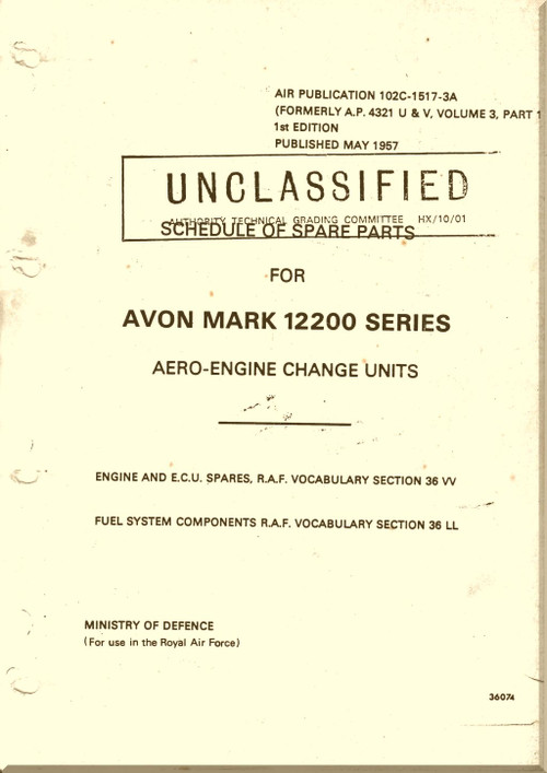 Rolls Royce Avon Mk. 121 & 122 Aircraft Engine  Schedule of Spare Parts Manual -  A.L. 29 -AP102C-1517-3A -1957