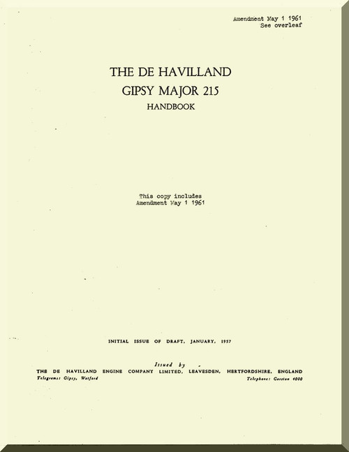 De Havilland  Gipsy Major 215. Aircraft Handbook Manual  ( English Language )