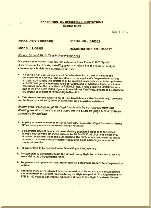 Aero Vodochoy L-39 MS / L59T Super Albatross Aircraft Experimental Operating Limitations Exhibition  Reports Manual, (English Language)