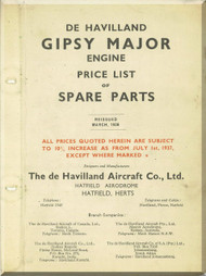 De Havilland  Gipsy Major Aircraft Price list of Spare Parts Manual  ( English Language )