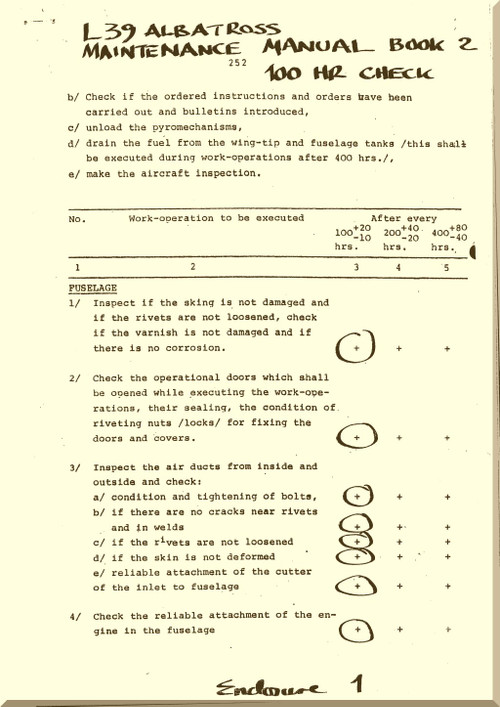 Aero Vodochoy L-39 ZO  Aircraft  Maintenance Manual, Book 2 100 Hrs Check- 20 pages  (English Language) - 1983