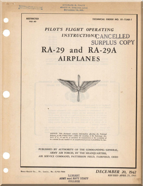 Lockheed RA-29 and RA-29 A Aircraft Pilot Flight Operating Instruction Manual -  T.O. 01-75AB-1 - 1942