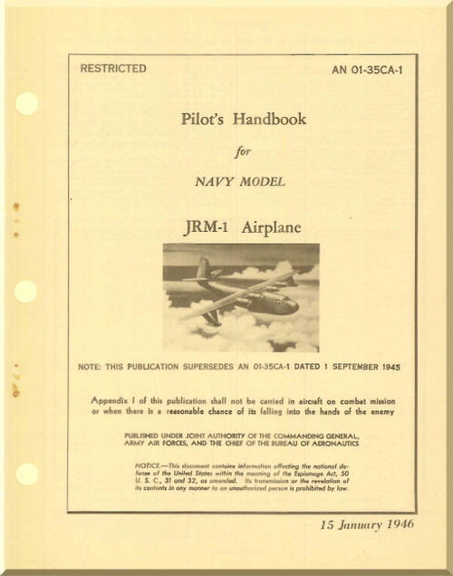 Glenn Martin JRM-1  Aircraft Pilot's Handbook Manual - AN-01-35CA-1 - 1946