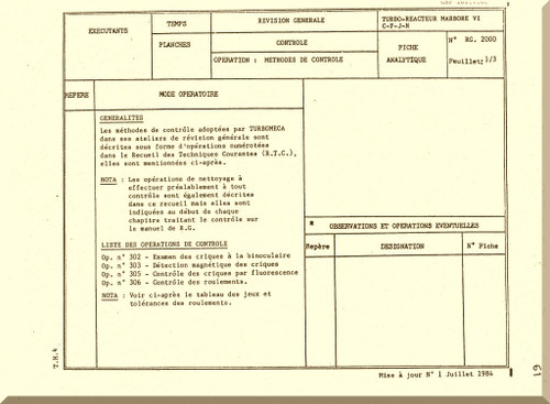 Turbomeca Mabore VI C-F-J-N  Aircraft  Engine General Revision  Manual - Manuel De Revision Generale - Methodes De Contrle  (French   Language) - 1984