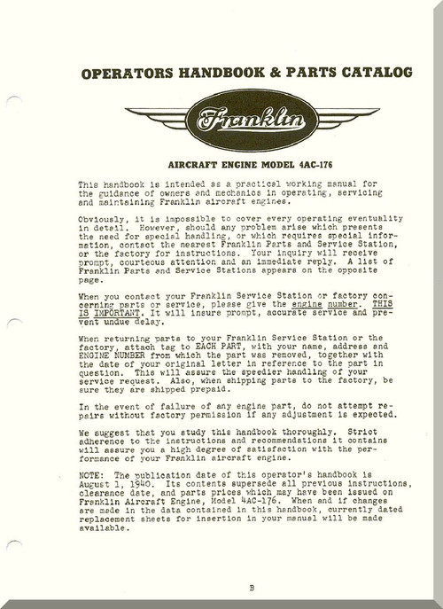 Franklin 4AC-176 Aircraft Engine  Operation Handbook & Parts Catalog  Manual  ( English Language )