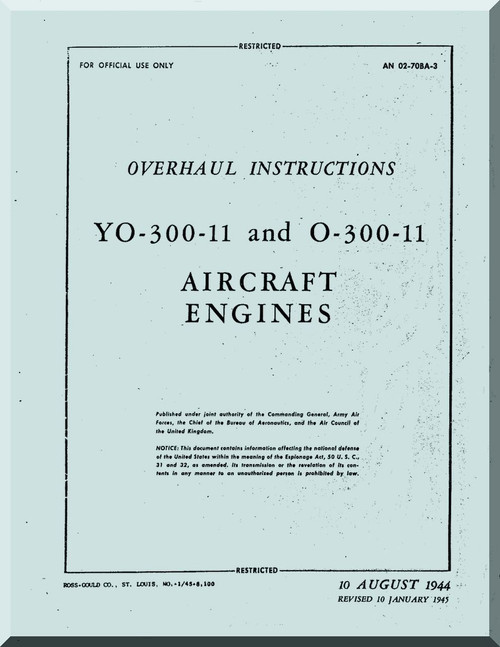 Franklin YO-300-11 O-300-11  Aircraft Engine  Service Instruction   Manual  ( English Language )
