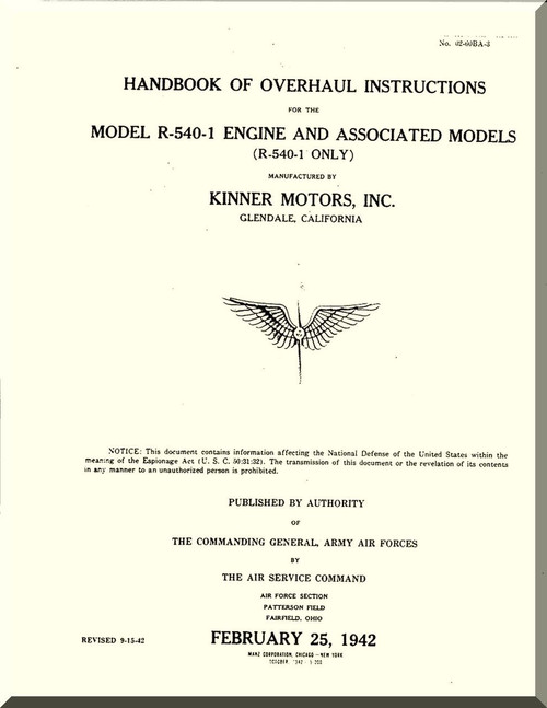 Kinner R-540 -1 Aircraft Engine Overhaul Manual  ( English Language )