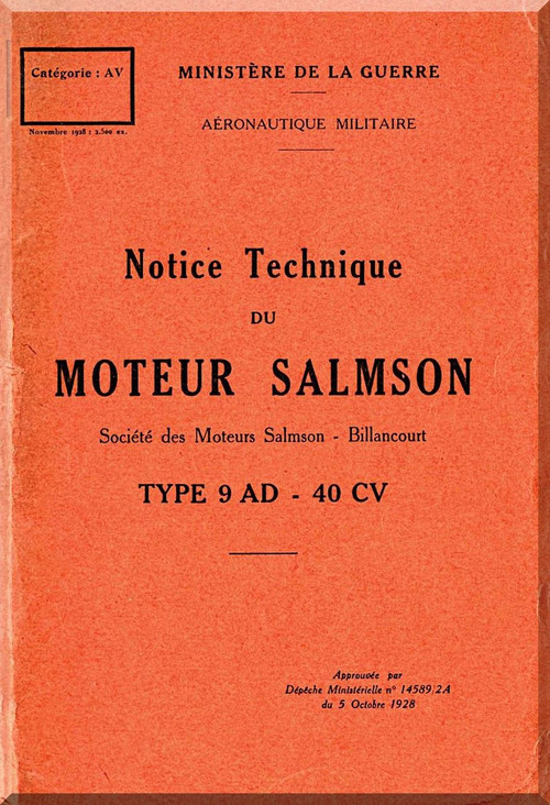 Salmson 9 AD Aircraft  Aero Engine Technical Manual   (French Language )