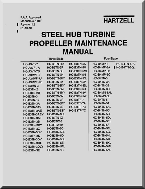 Hartzell Aircraft Propeller Steel Hub Turbine Maintenance Manual - 118F