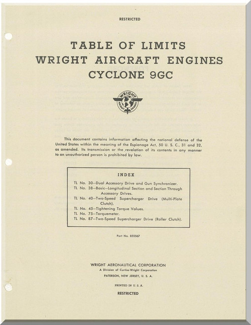 Wright R-1820 Cyclone 9 GC  Aircraft Engine Table of Limits Manual  ( English Language )