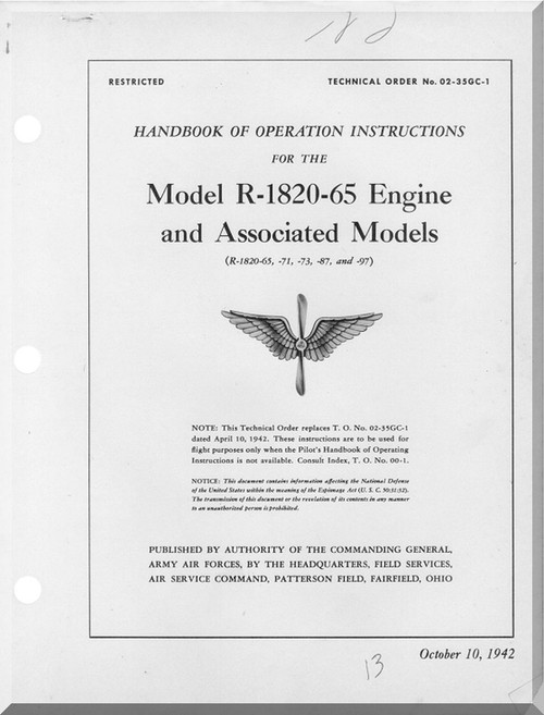 Wright R-1820 -65   Cyclone Aircraft Engine Operating Instructions Manual  ( English Language )