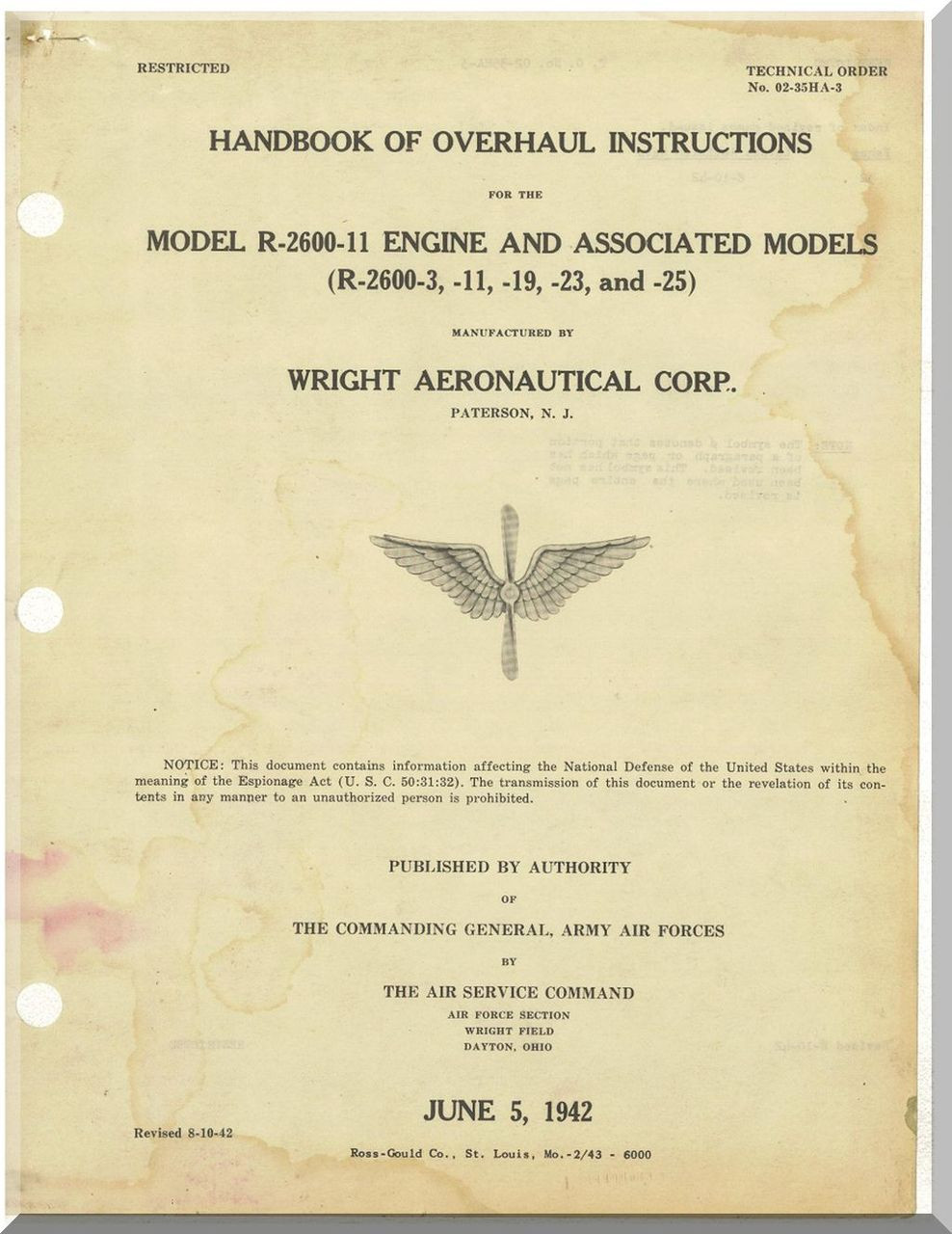 Wright R 2600 3 11 19 23 25 Cyclone 14 Aircraft Engine